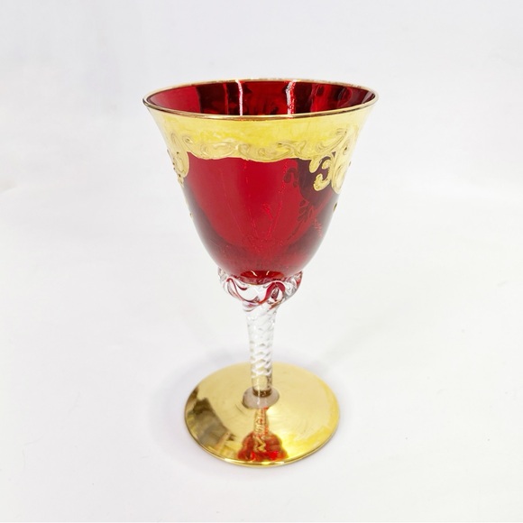 Vintage Tre Fuochi Murano Venetian Glass Aperitif 24k Gold Ruby Wine Cordial - Picture 3 of 4